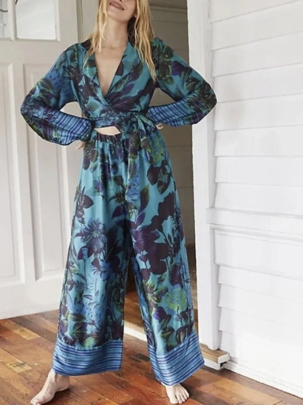 Anthropologie x Mary O'Malley Silk Lounge Jumpsuit Floral Blue L